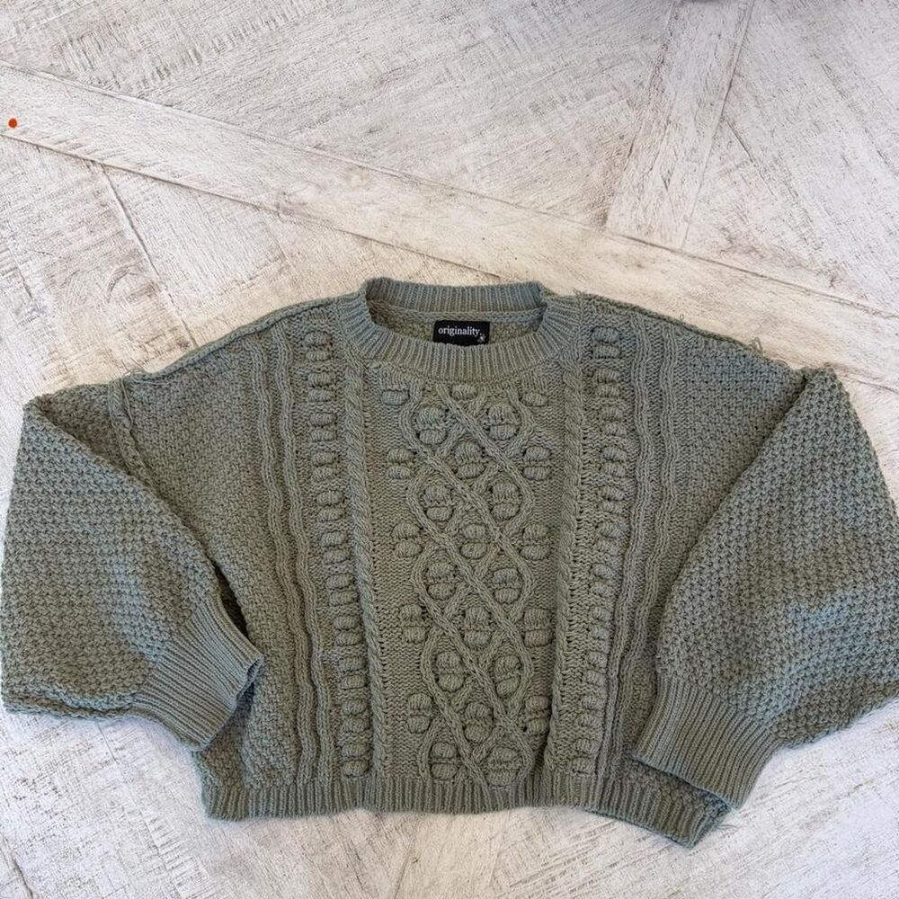 Originality Sage Green Cable Knit Bobble Sweater